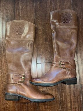 Vince Camuto Brown Leather Knee-High Buckle Riding Boots western vibes